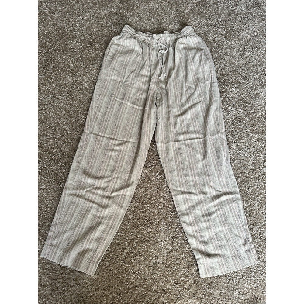 Alfred Dunner Petite 14P Striped Pull On‎ Pants Tan Cream Elastic Waist USA Made